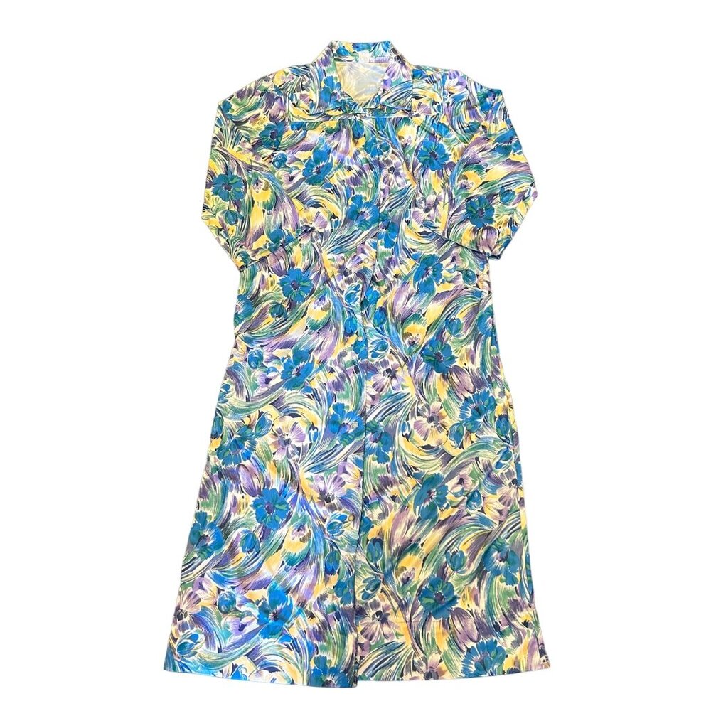 Vintage Novelty Floral Print Pearl Snap Button Down Dress Nightgown M